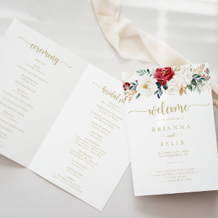 Programa Casamento Dourado Clássico Floral Branco Burgundy