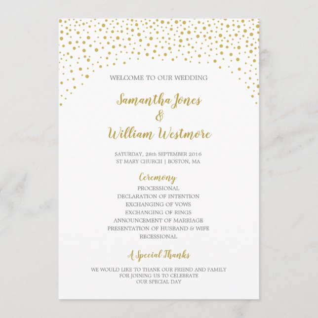 Programa Casamento Dourado de Confetti Moderno Elegante (Frente)