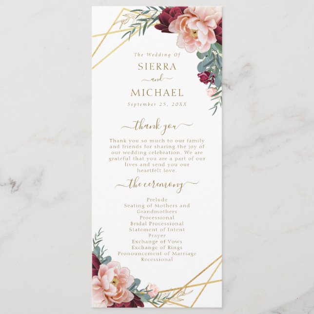 Programa Casamento Dourado Floral de Blush Burgundy (Frente)