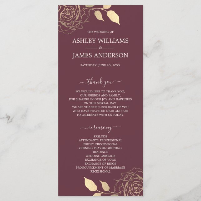 Programa Casamento Dourado Floral Rosa Burgundy com Script  (Frente)
