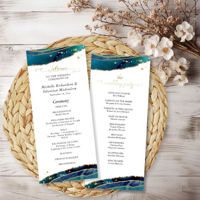 Programa Casamento Dourado por Agate Teal Watercolor (Teal Watercolor Gold Agate Wedding Program
)