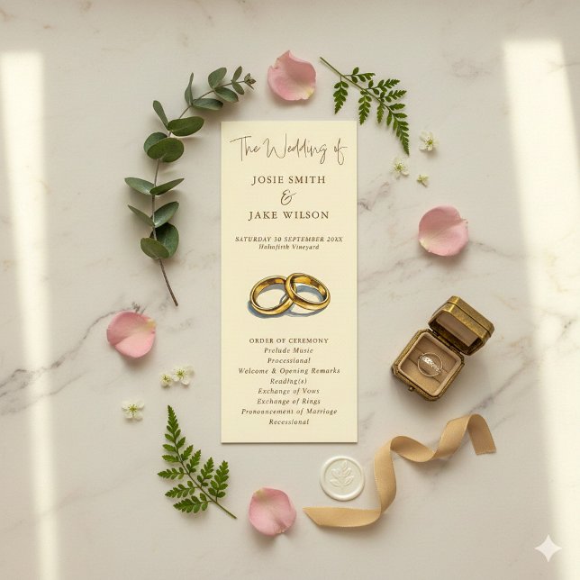 Programa Casamento Dourado Rings Elegante Creme e Brown (Watercolor style wedding rings wedding invitation.)