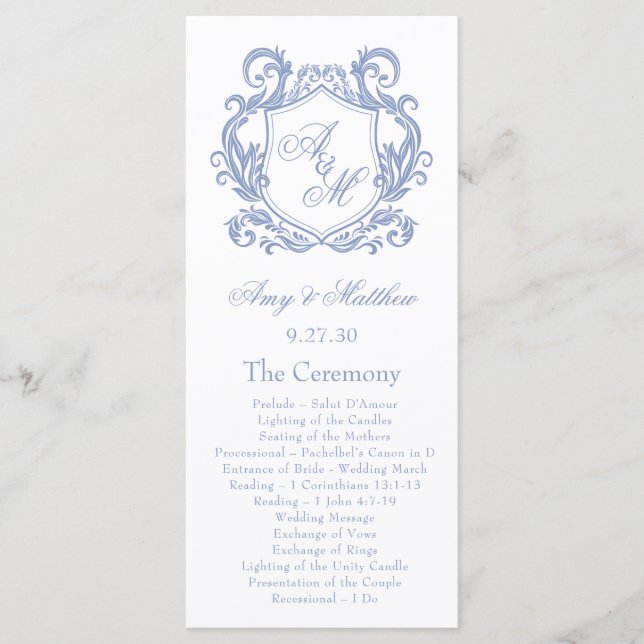 Programa Casamento Elegante com Monograma e Brasão em Azul  (Frente)