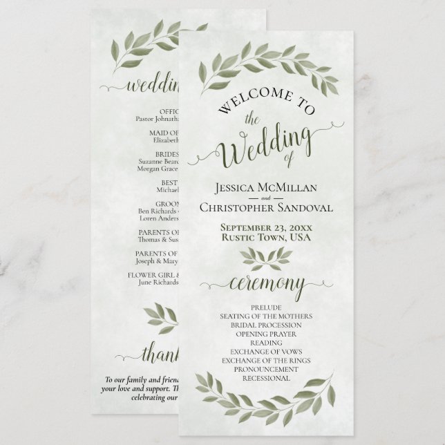 Programa Casamento Elegante de Aquarela Rústica com Folhage (Frente/Verso)