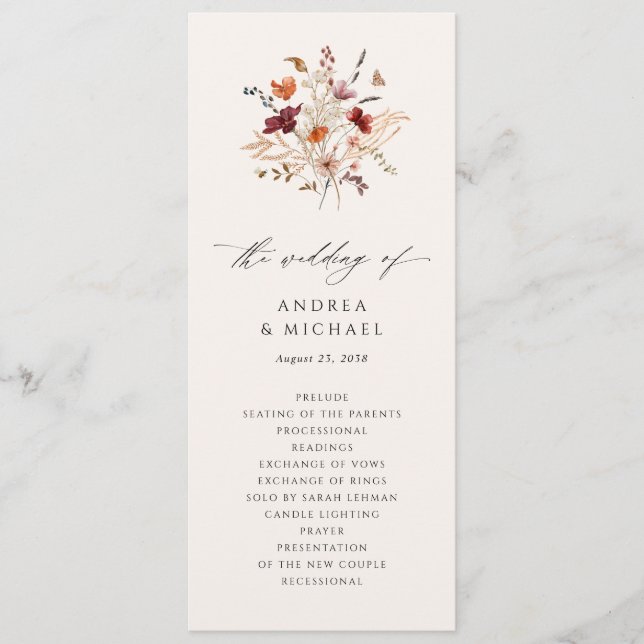 Programa Casamento Elegante de Boho Flor Silvestre no Outon (Frente)