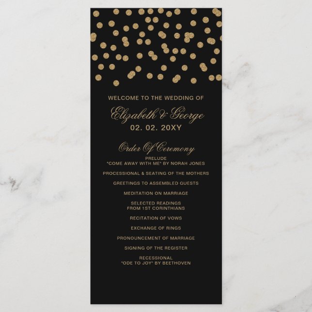 Programa Casamento Elegante de Confetti Dourado Negro (Frente)