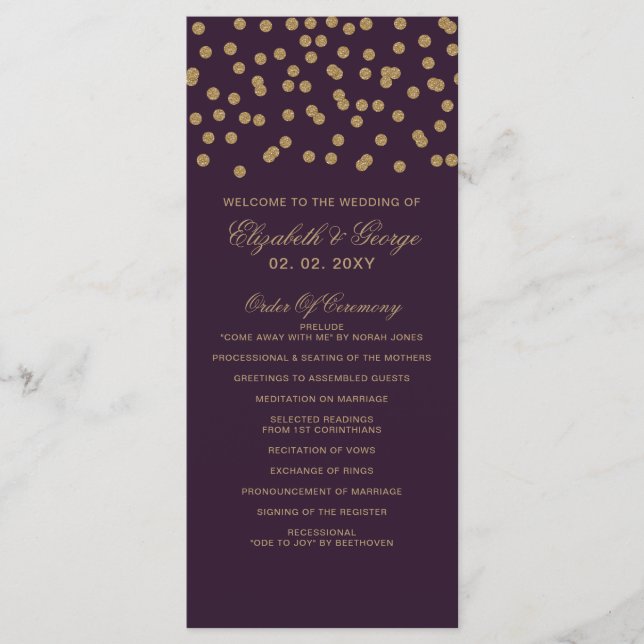 Programa Casamento Elegante de Confetti Dourado Roxo (Frente)