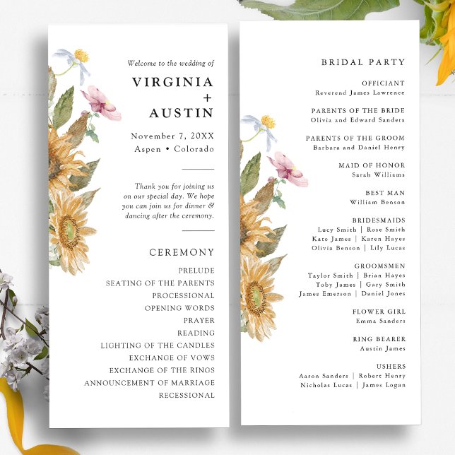 Programa Casamento Elegante de Girassóis (Elegant Sunflower Wildflower Watercolor Wedding Program by Painted Paperie)