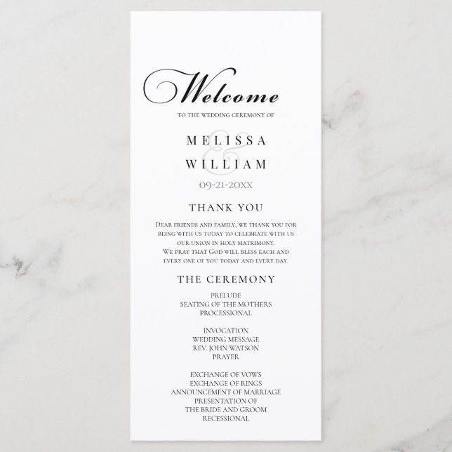 Programa Casamento Elegante de Script Branco e Preto (Frente)