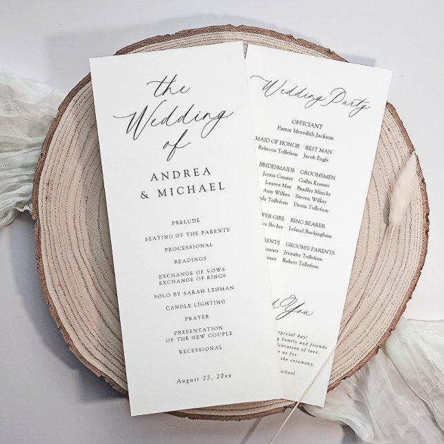 Programa Casamento Elegante Delicado Romântico Moderno (Modern wedding program with delicate calligraphy—perfect for romantic, elegant ceremonies.)