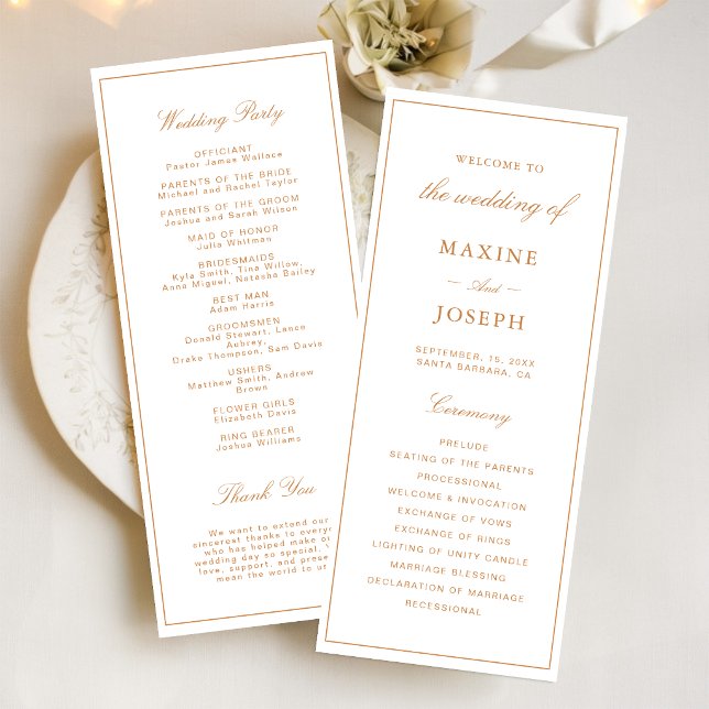 Programa Casamento Elegante Formal Laranja Queimada (Elegant burnt orange wedding programs keep guests informed with warmth and sophistication.)