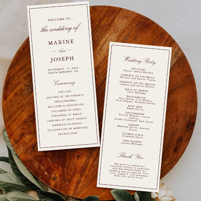 Programa Casamento Elegante Formal Marfim e Borgonha (Elegant ivory and burgundy wedding program keeps guests informed with timeless style.)