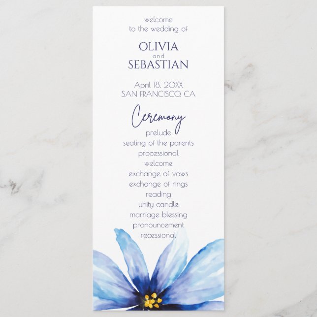 Programa Casamento elegante Minimalista da Flor Azul (Frente)