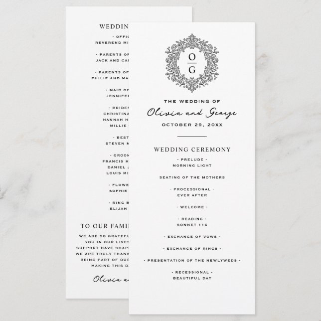 Programa Casamento Elegante Preto e Branco de Família (Frente/Verso)