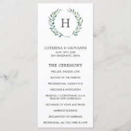 Programa Casamento Elegante Rustic Greenery Wreath Monogram