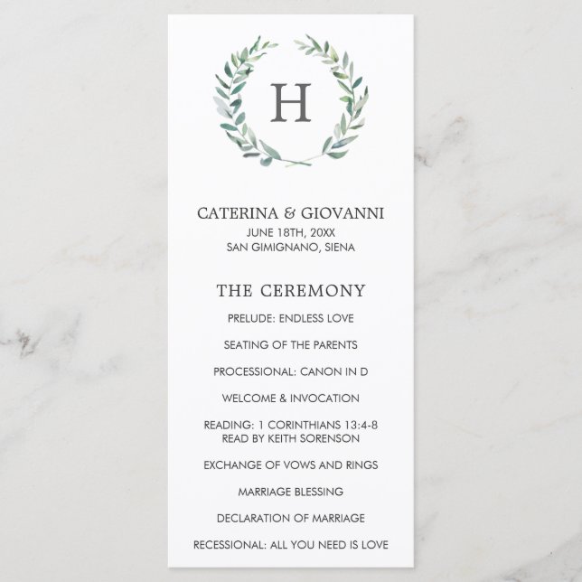 Programa Casamento Elegante Rustic Greenery Wreath Monogram (Frente)