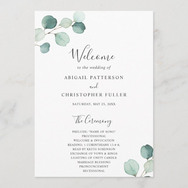 Programa Casamento Elegante Simples Sage Greenery Eucalipto (Frente)