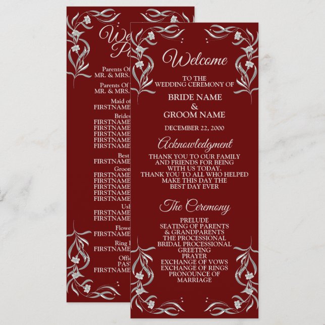 Programa Casamento Elegante Vermelho com Padrão Floral Prat (Frente/Verso)