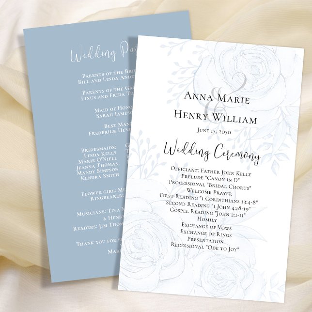 Programa Casamento - Escrita Floral Azul Elegante (Blue floral wedding ceremony paper sheet program with a dusty blue background. )