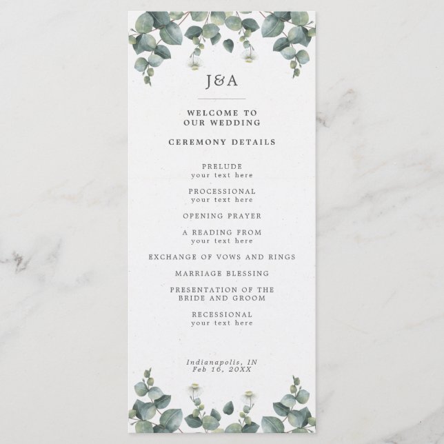 Programa Casamento Eucalyptus com Aquarela Elegante (Frente)