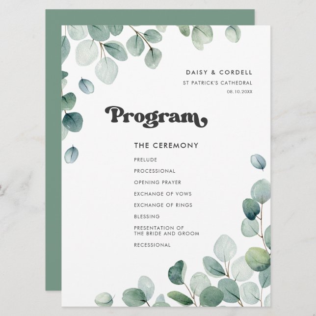 Programa Casamento Eucalyptus watercolor (Frente/Verso)
