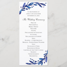 Programa Casamento floral azul aquarela. Botânica naval