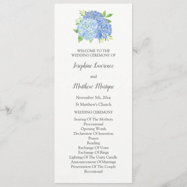 Programa Casamento Floral Azul Hydrangea Foliage Watercolor (Frente)