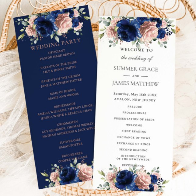 Programa Casamento Floral Azul Marinho Rosa Elegante (Criador carregado)