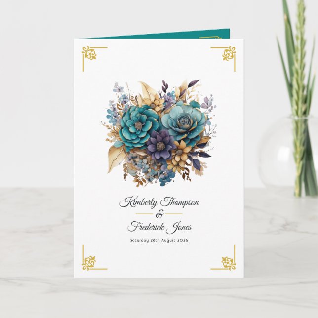 Programa Casamento Floral Azul-Turquesa, Roxo e Dourado (Frente)