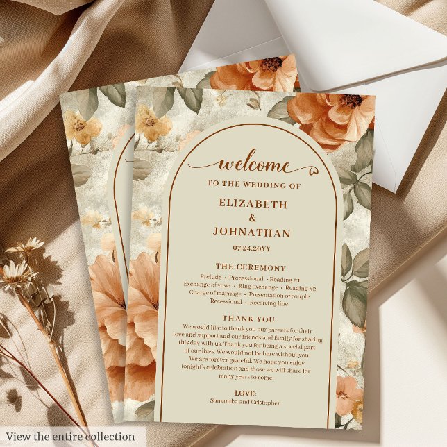 Programa Casamento Floral Boho Copper Marfim Oliva Sage (Trendy Boho Copper Ivory Olive Floral Wedding Program)
