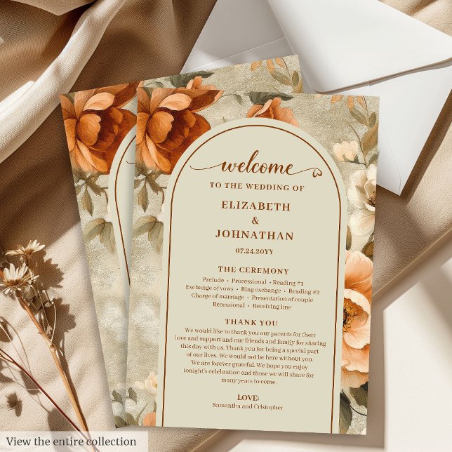 Programa Casamento Floral Boho Moderno Laranja Queimado Mar (Trendy Boho Burnt Orange Ivory Sage Floral Wedding Program

)