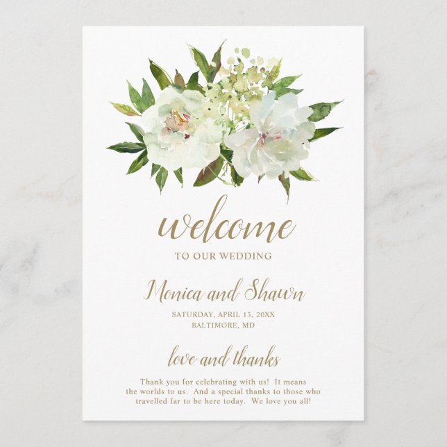 Programa Casamento Floral Branco Dourado Moderno e Elegante (Frente)