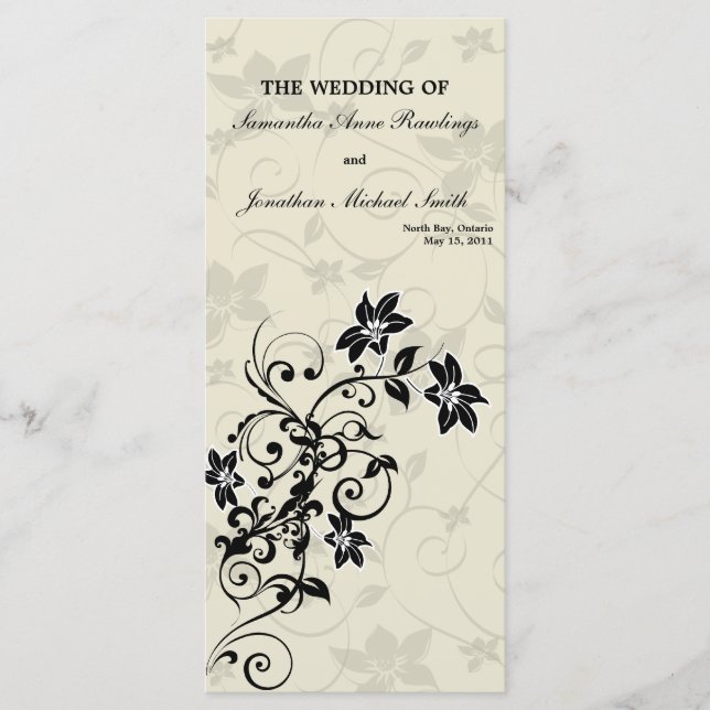 Programa Casamento - Floral Branco e Preto Elegant (Frente)