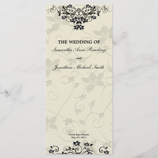 Programa Casamento - Floral Branco e Preto Elegant (Frente)