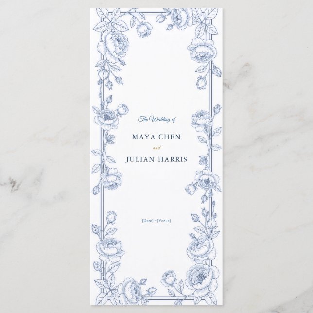 Programa Casamento Floral Chinesice Azul e Branco Elegante (Frente)