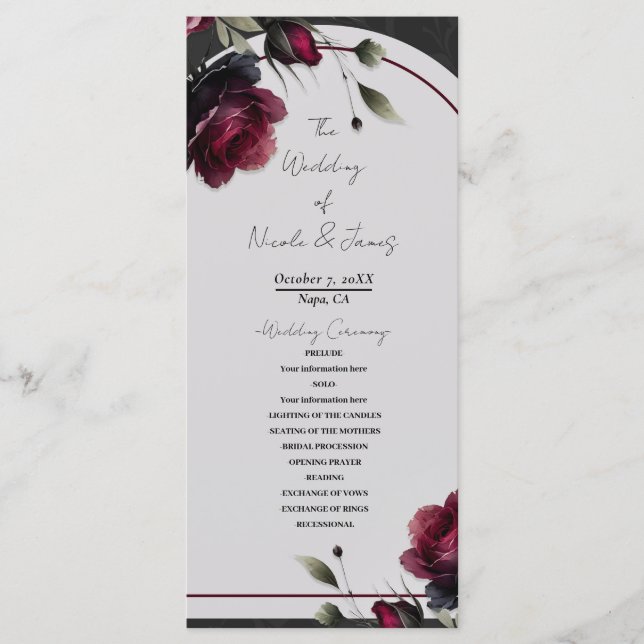 Programa Casamento Floral Cinza Sombrio Rosas Vermelhas de  (Frente)