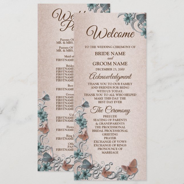 Programa Casamento Floral Cobre Borboleta Bege Prata Turque (Frente/Verso)