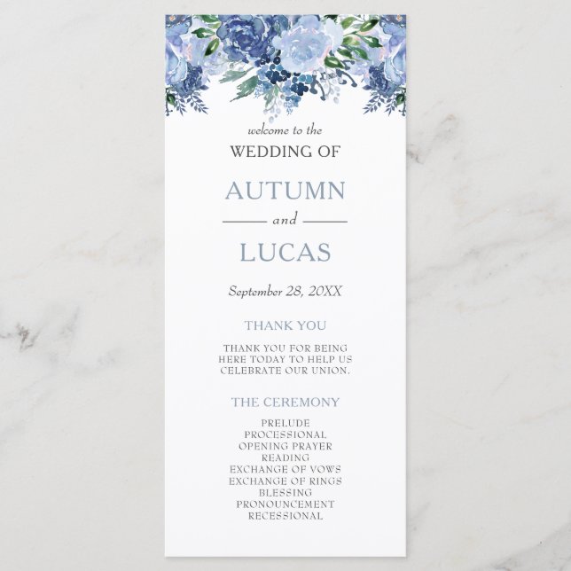 Programa Casamento Floral com Aquarela Azul Empoeirada (Frente)