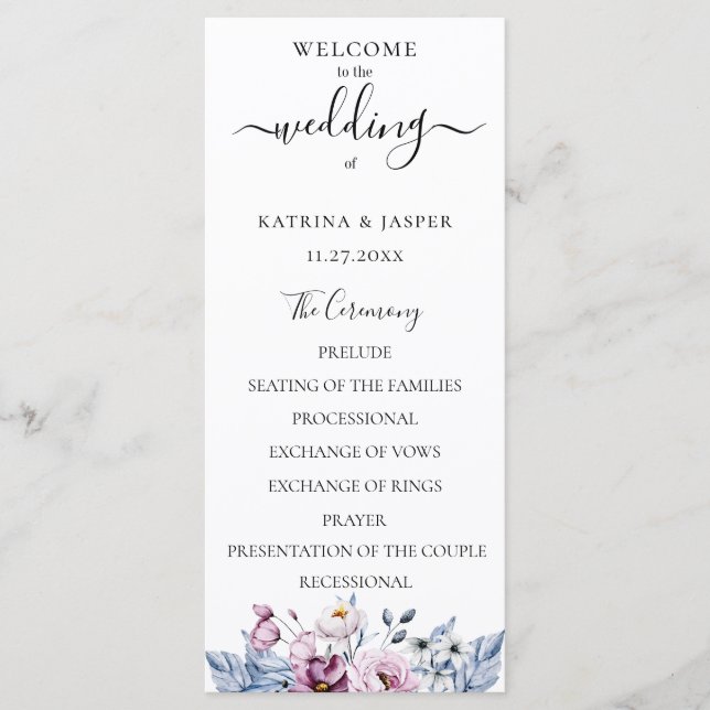 Programa Casamento Floral de Aquarela Azul Empoeirado Rosa (Frente)
