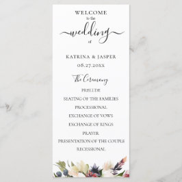 Programa Casamento Floral de Aquarela Rosa Bege e Ameixa