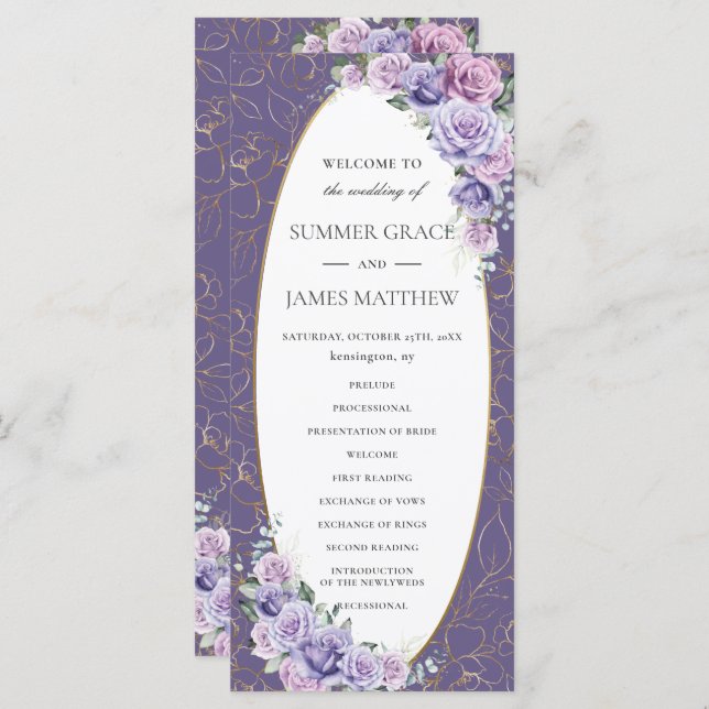 Programa Casamento Floral de Arte da Linha de Lavanda Lilás (Frente/Verso)