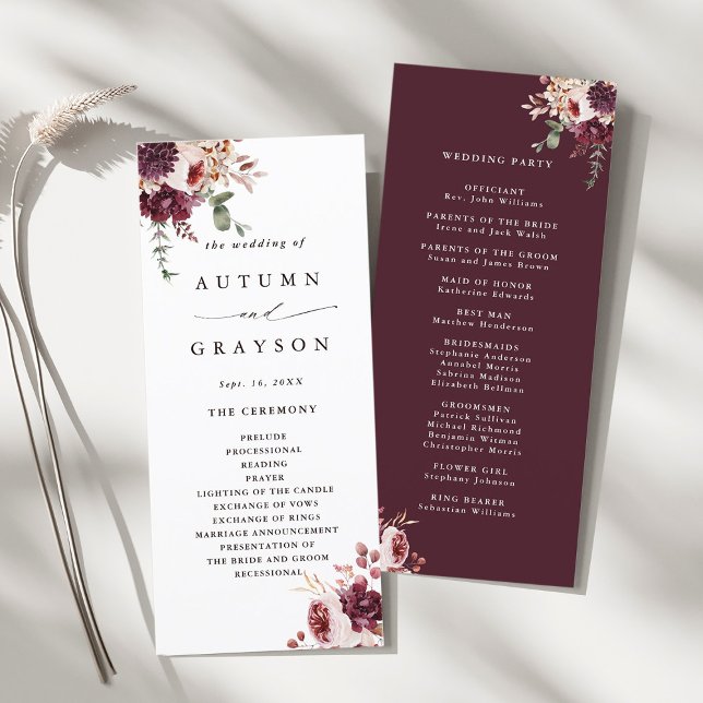 Programa Casamento Floral de Autumn Romance Watercolor (Front & Back)
