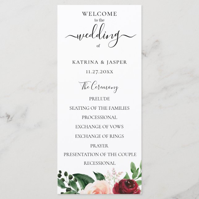 Programa Casamento Floral de Blush Watercolor (Frente)