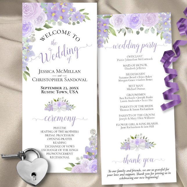 Programa Casamento Floral de Boho Watercolor, Lavanda Elega (Front/Back)
