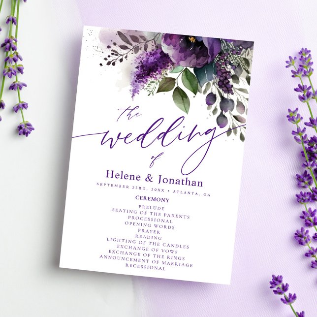 Programa Casamento Floral de Cor Biológica Botânica Moderna (Modern Elegant Botanical Watercolor Floral Wedding Program)
