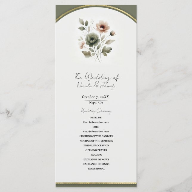 Programa Casamento Floral de Dusty Olive Pink e Dourada Wat (Frente)