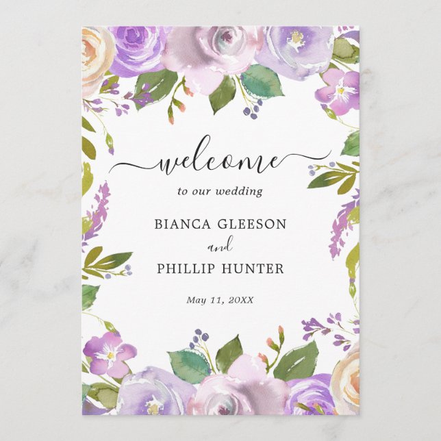 Programa Casamento Floral Elegante Aquarela Lilás (Frente)