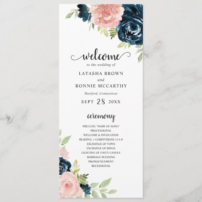 Programa Casamento Floral Elegante Azul Marinho e Rosa Desm (Frente)