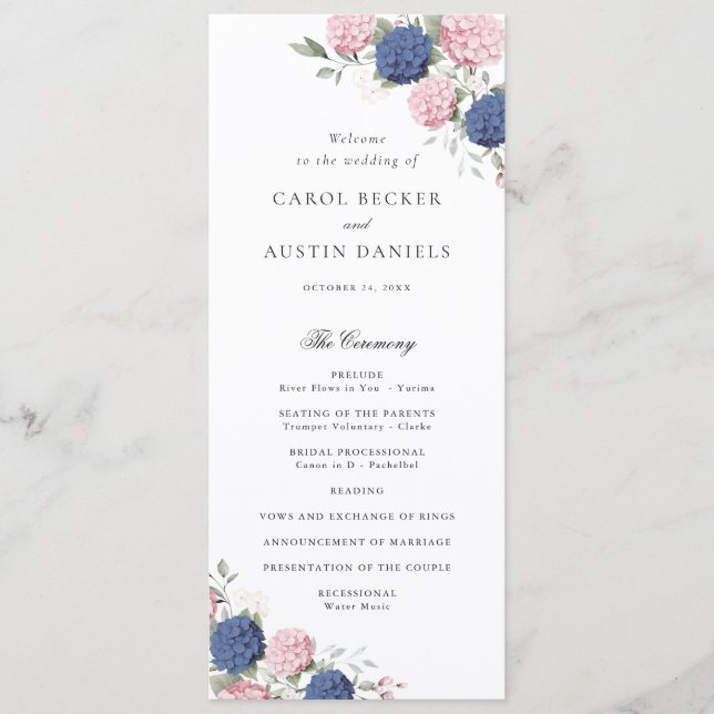 Programa Casamento Floral Elegante Rosa e Azul Hydrangea (Frente)