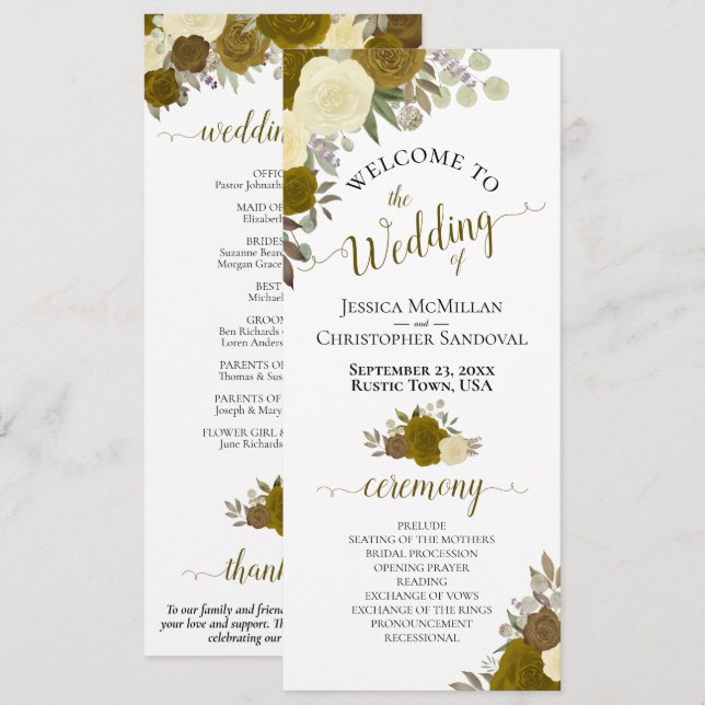 Programa Casamento Floral em Aquarela Amarela e Dourada Ele (Frente/Verso)